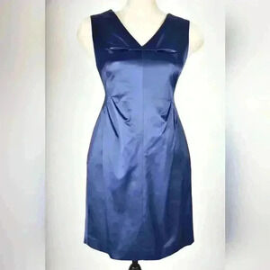 ROBERT RODRIGUEZ Navy Blue Cotton Poly Satin Shift  Pleat Fitted Dress 4US Small